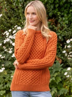 Clearance Sweater Shop Ladies Merino Wool Aran Sweater - Orange