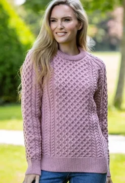 Hot Sweater Shop Ladies Merino Wool Fitted Aran Sweater Pink