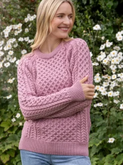 Hot Sweater Shop Ladies Merino Wool Fitted Aran Sweater Pink