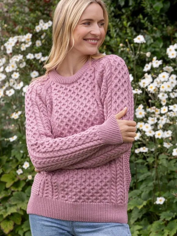 Hot Sweater Shop Ladies Merino Wool Fitted Aran Sweater Pink