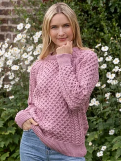 Hot Sweater Shop Ladies Merino Wool Fitted Aran Sweater Pink