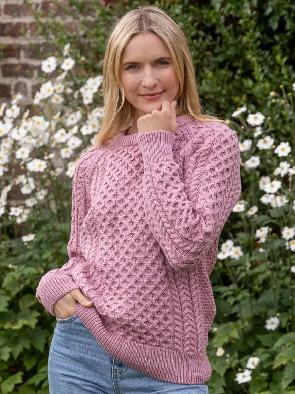 Hot Sweater Shop Ladies Merino Wool Fitted Aran Sweater Pink