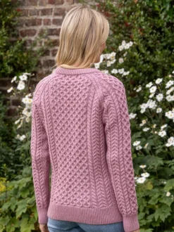 Hot Sweater Shop Ladies Merino Wool Fitted Aran Sweater Pink