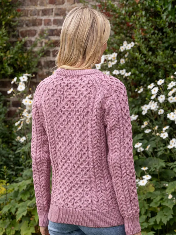 Hot Sweater Shop Ladies Merino Wool Fitted Aran Sweater Pink