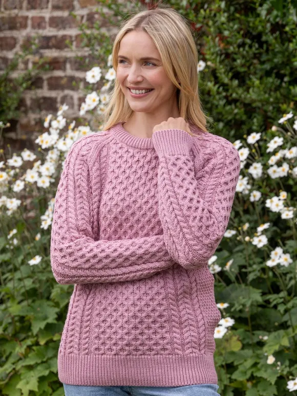 Hot Sweater Shop Ladies Merino Wool Fitted Aran Sweater Pink