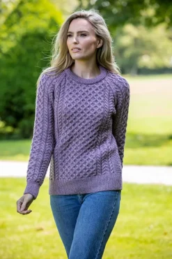 Fashion Sweater Shop Ladies Merino Wool Fitted Aran Sweater LAVENDER