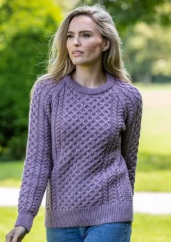 Fashion Sweater Shop Ladies Merino Wool Fitted Aran Sweater LAVENDER
