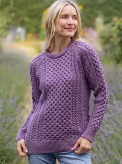 Fashion Sweater Shop Ladies Merino Wool Fitted Aran Sweater LAVENDER