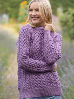 Fashion Sweater Shop Ladies Merino Wool Fitted Aran Sweater LAVENDER