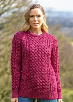 New Sweater Shop Ladies Merino Wool Fitted Aran Sweater Raspberry