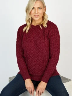 New Sweater Shop Ladies Merino Wool Fitted Aran Sweater Raspberry