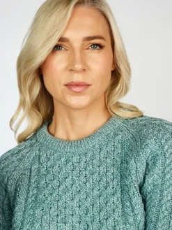 Online Sweater Shop Ladies Merino Wool Fitted Aran Sweater Aqua