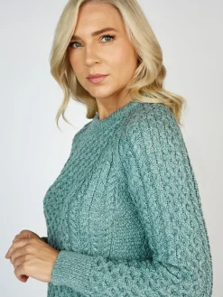 Online Sweater Shop Ladies Merino Wool Fitted Aran Sweater Aqua
