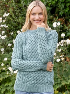 Online Sweater Shop Ladies Merino Wool Fitted Aran Sweater Aqua