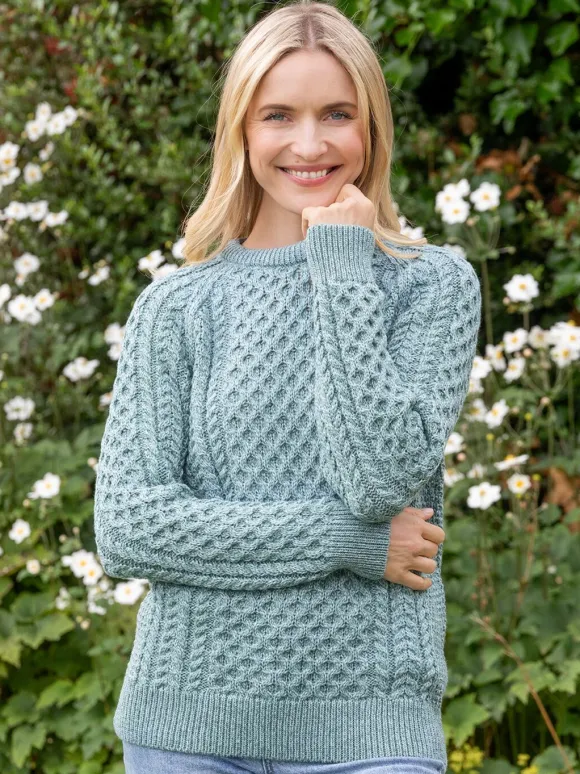 Online Sweater Shop Ladies Merino Wool Fitted Aran Sweater Aqua