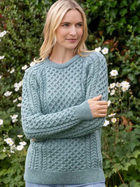 Online Sweater Shop Ladies Merino Wool Fitted Aran Sweater Aqua