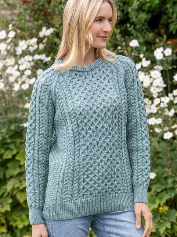 Online Sweater Shop Ladies Merino Wool Fitted Aran Sweater Aqua