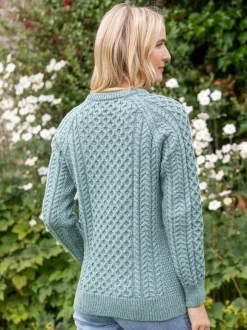 Online Sweater Shop Ladies Merino Wool Fitted Aran Sweater Aqua