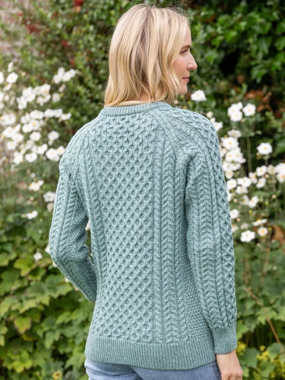 Online Sweater Shop Ladies Merino Wool Fitted Aran Sweater Aqua