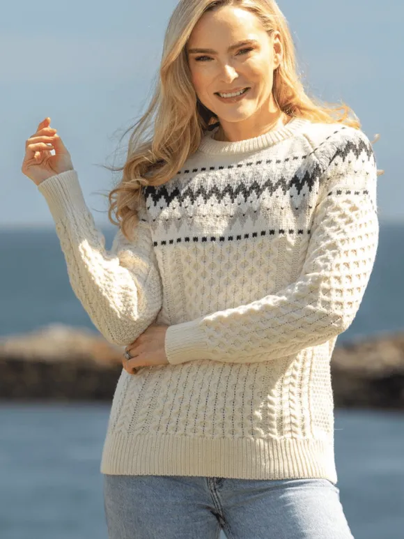 Clearance Sweater Shop Ladies Merino Wool Fitted Fairisle Sweater Natural