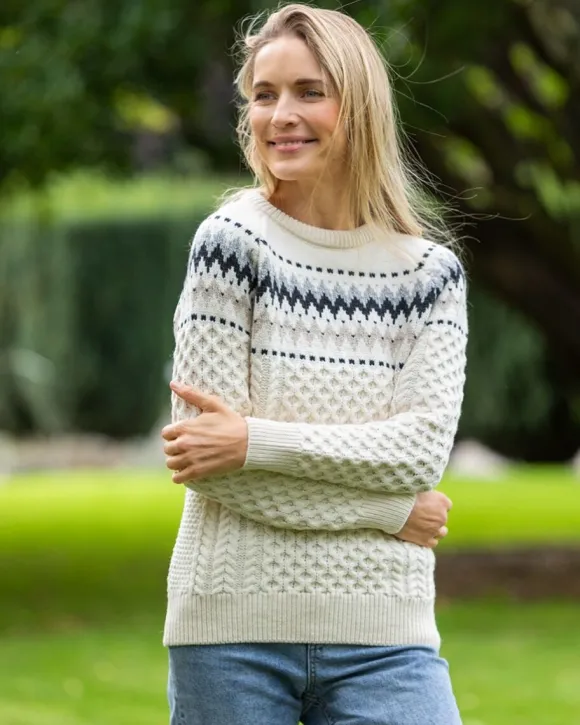 Clearance Sweater Shop Ladies Merino Wool Fitted Fairisle Sweater Natural