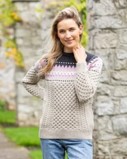 Discount Sweater Shop Ladies Merino Wool Fitted Fairisle Sweater Oatmeal