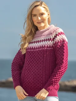 Sale Sweater Shop Ladies Merino Wool Fitted Fairisle Sweater Raspberry