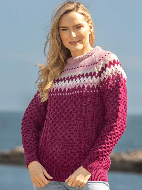 Sale Sweater Shop Ladies Merino Wool Fitted Fairisle Sweater Raspberry