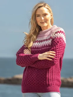 Sale Sweater Shop Ladies Merino Wool Fitted Fairisle Sweater Raspberry