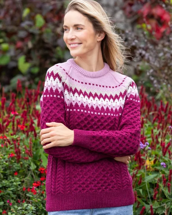 Sale Sweater Shop Ladies Merino Wool Fitted Fairisle Sweater Raspberry