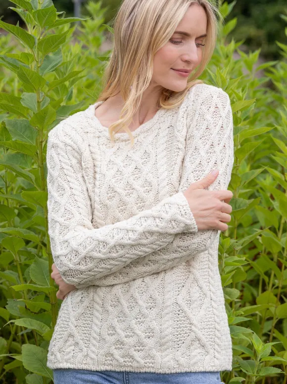 Hot Sweater Shop Lambay Lattice Cable Aran Sweater Natural