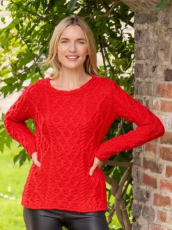 Fashion Sweater Shop Lambay Lattice Cable Knit Aran Sweater Scarlet