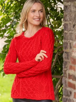 Fashion Sweater Shop Lambay Lattice Cable Knit Aran Sweater Scarlet