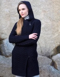 Fashion Sweater Shop Long Heart Design Hooded Coat - Navy