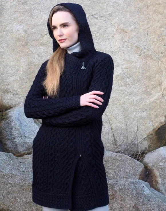 Fashion Sweater Shop Long Heart Design Hooded Coat - Navy