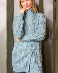 Sale Sweater Shop Long Side Zip Biker Jacket - 100% Merino Wool Aqua