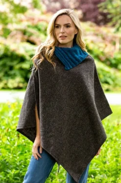 New Sweater Shop Made in Ireland Tweed Poncho with Collar Grey