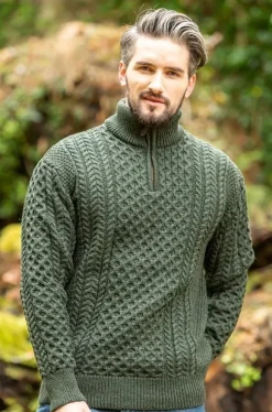 Hot Sweater Shop Mens Aran Half Zip Neck Sweater Army Green