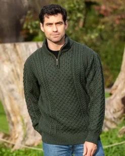 Hot Sweater Shop Mens Aran Half Zip Neck Sweater Army Green