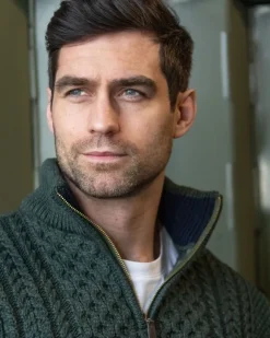Hot Sweater Shop Mens Aran Half Zip Neck Sweater Army Green