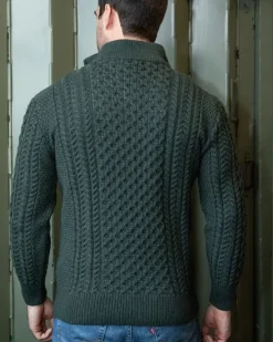 Hot Sweater Shop Mens Aran Half Zip Neck Sweater Army Green