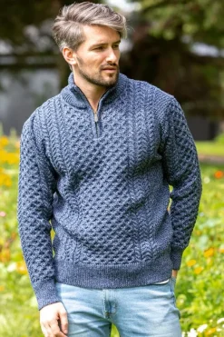 Online Sweater Shop Mens Aran Half Zip Neck Sweater Denim Marl