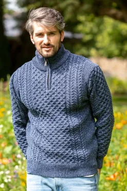 Online Sweater Shop Mens Aran Half Zip Neck Sweater Denim Marl