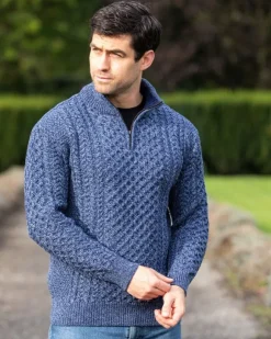 Online Sweater Shop Mens Aran Half Zip Neck Sweater Denim Marl