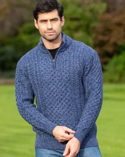 Online Sweater Shop Mens Aran Half Zip Neck Sweater Denim Marl