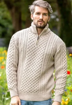 Fashion Sweater Shop Mens Aran Half Zip Neck Sweater Beige