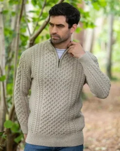 Fashion Sweater Shop Mens Aran Half Zip Neck Sweater Beige