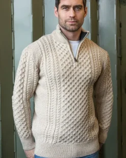 Fashion Sweater Shop Mens Aran Half Zip Neck Sweater Beige