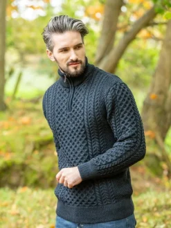 Fashion Sweater Shop Mens Aran Half Zip Neck Sweater Blackwatch