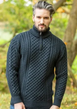 Fashion Sweater Shop Mens Aran Half Zip Neck Sweater Blackwatch